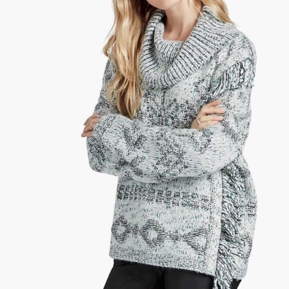Lucky Brand Sweater Women's Medium Green Black White Cowl Neck Aztec Fringe Wool - Picture 1 of 8